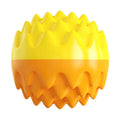 Blue and orange spiky rubber dog ball with squeaker, for teeth cleaning and water fetch.