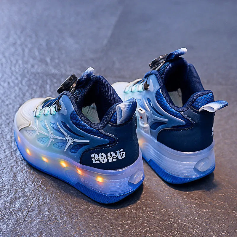 Children's roller skates with flash knob and stripes pattern in blue, black, or pink colours