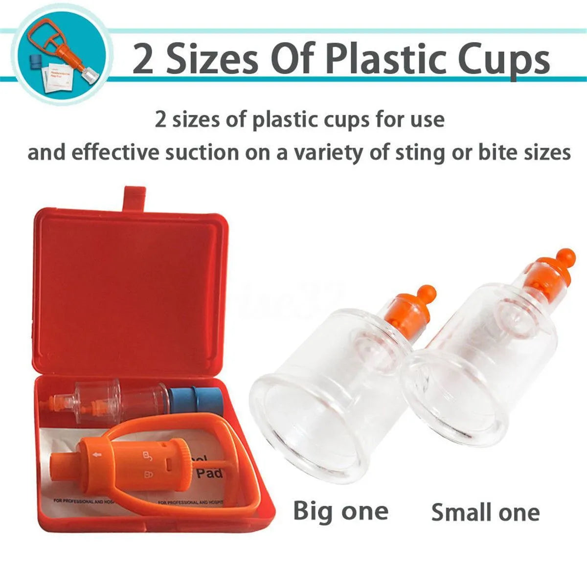 Orange ABS first aid kit open to show a manual suction pump, two suction cups, a tourniquet, and antiseptic swabs.
