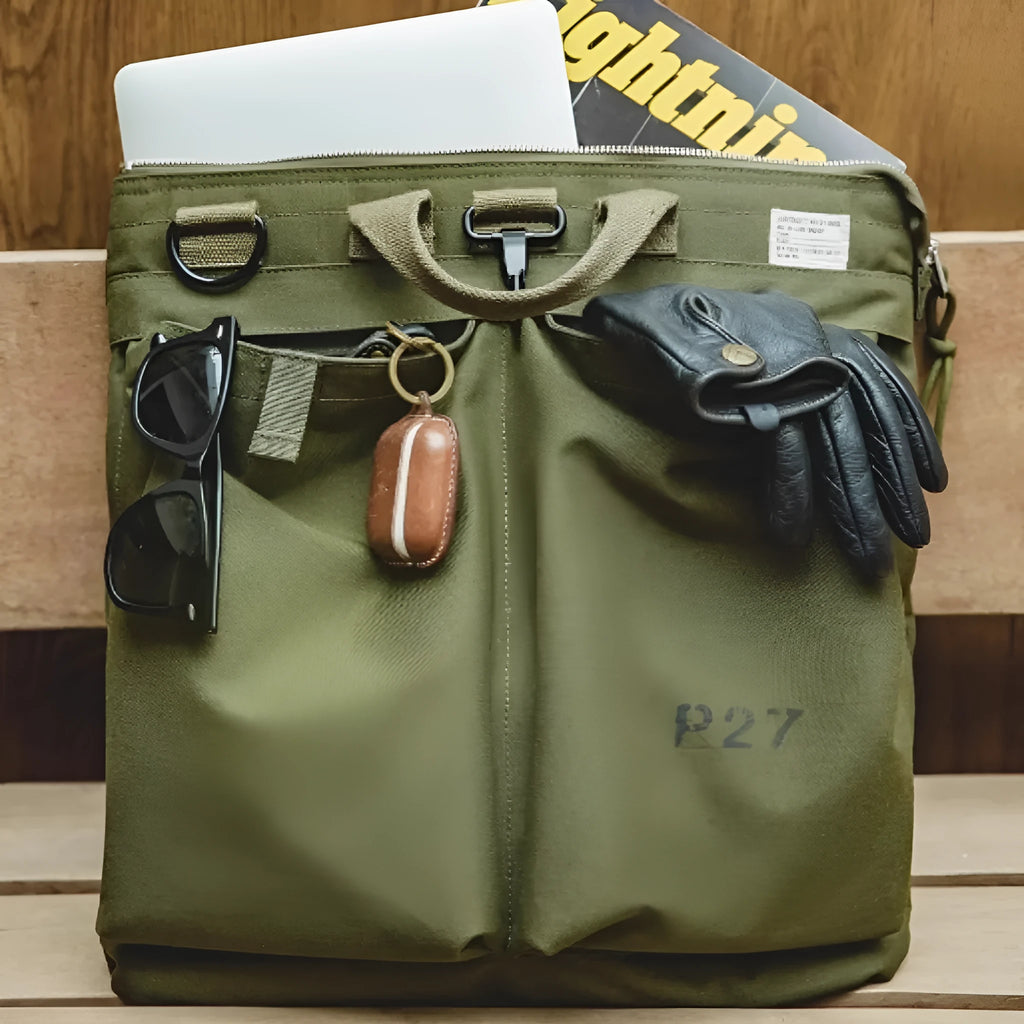 Medium retro canvas crossbody shoulder bag in military green with 15-inch laptop capacity