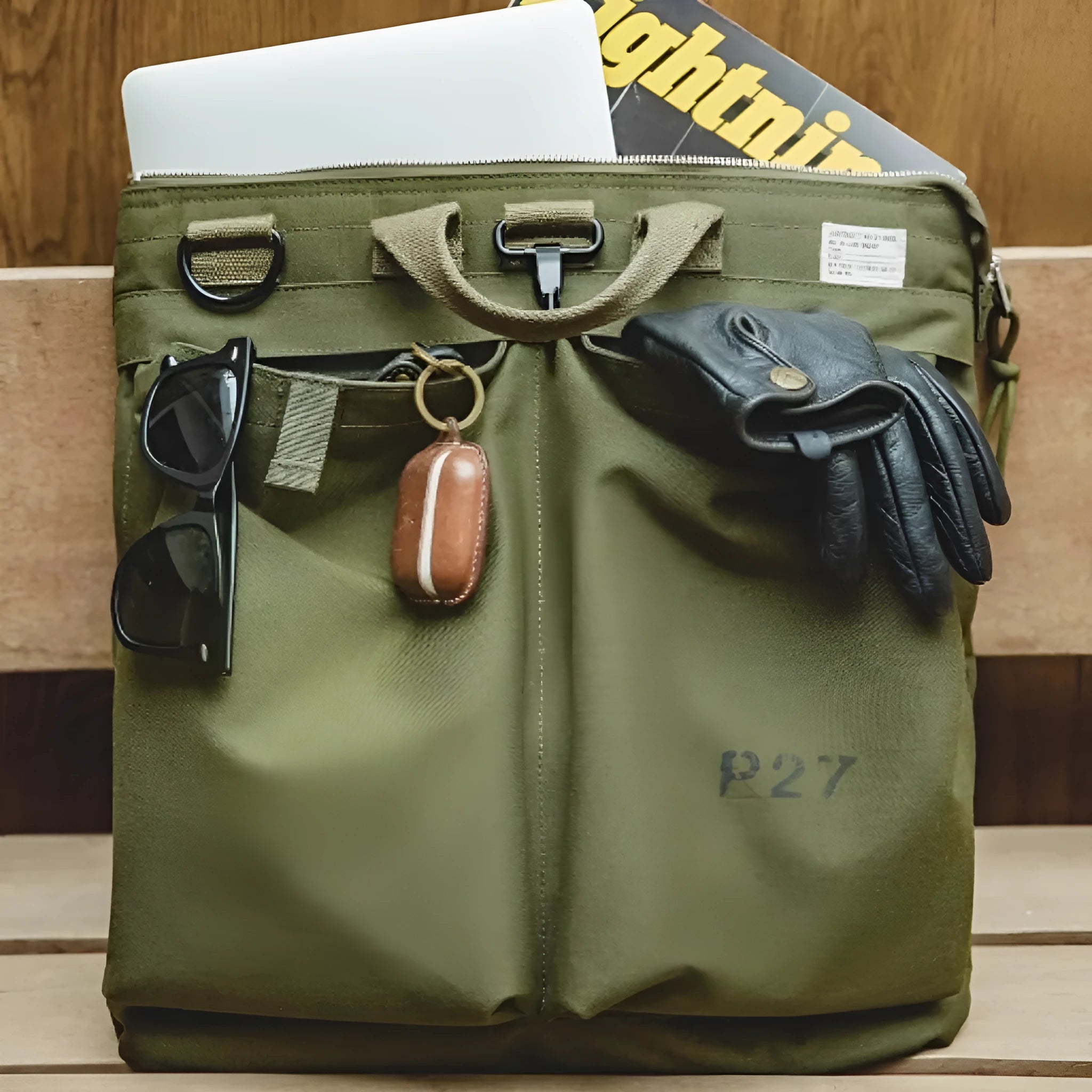 Medium retro canvas crossbody shoulder bag in military green with 15-inch laptop capacity