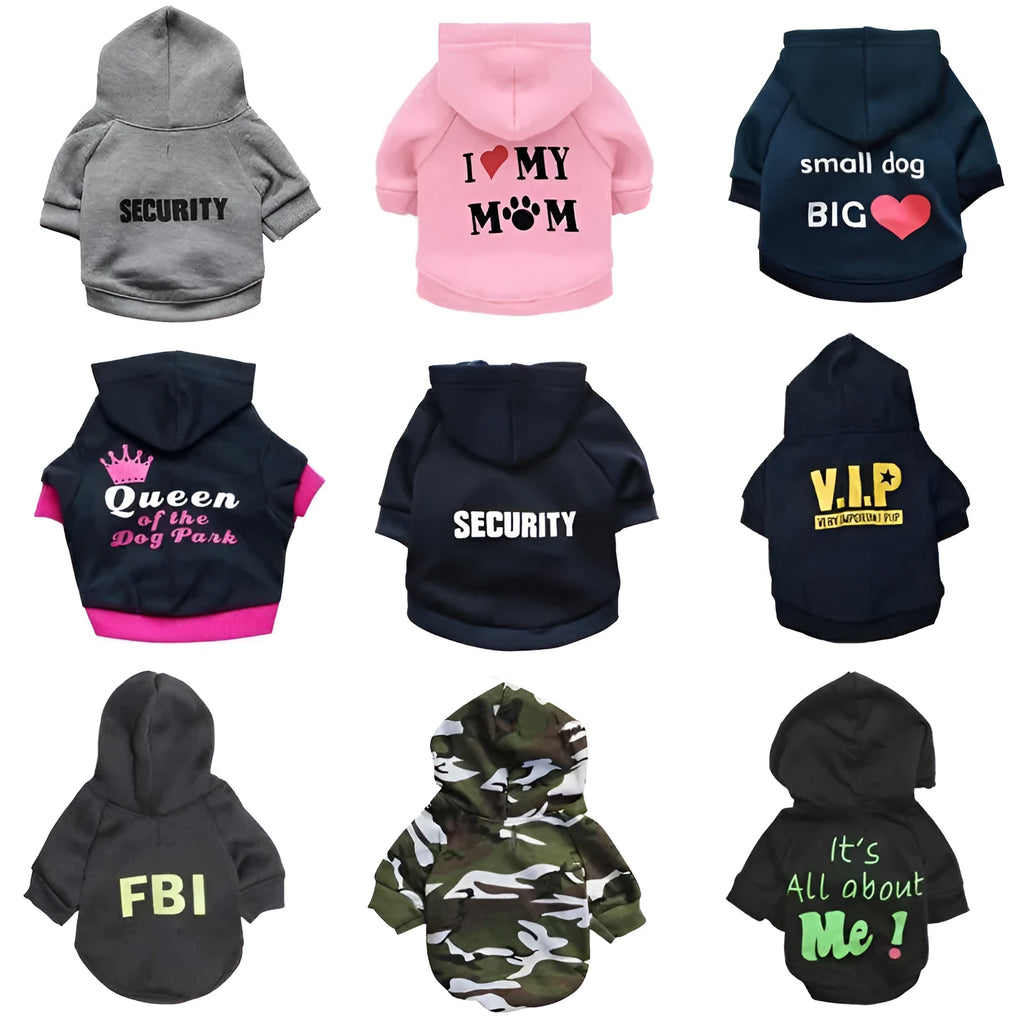 Fleece printed dog clothes in style A on a small dog, with collar opening and four leg holes