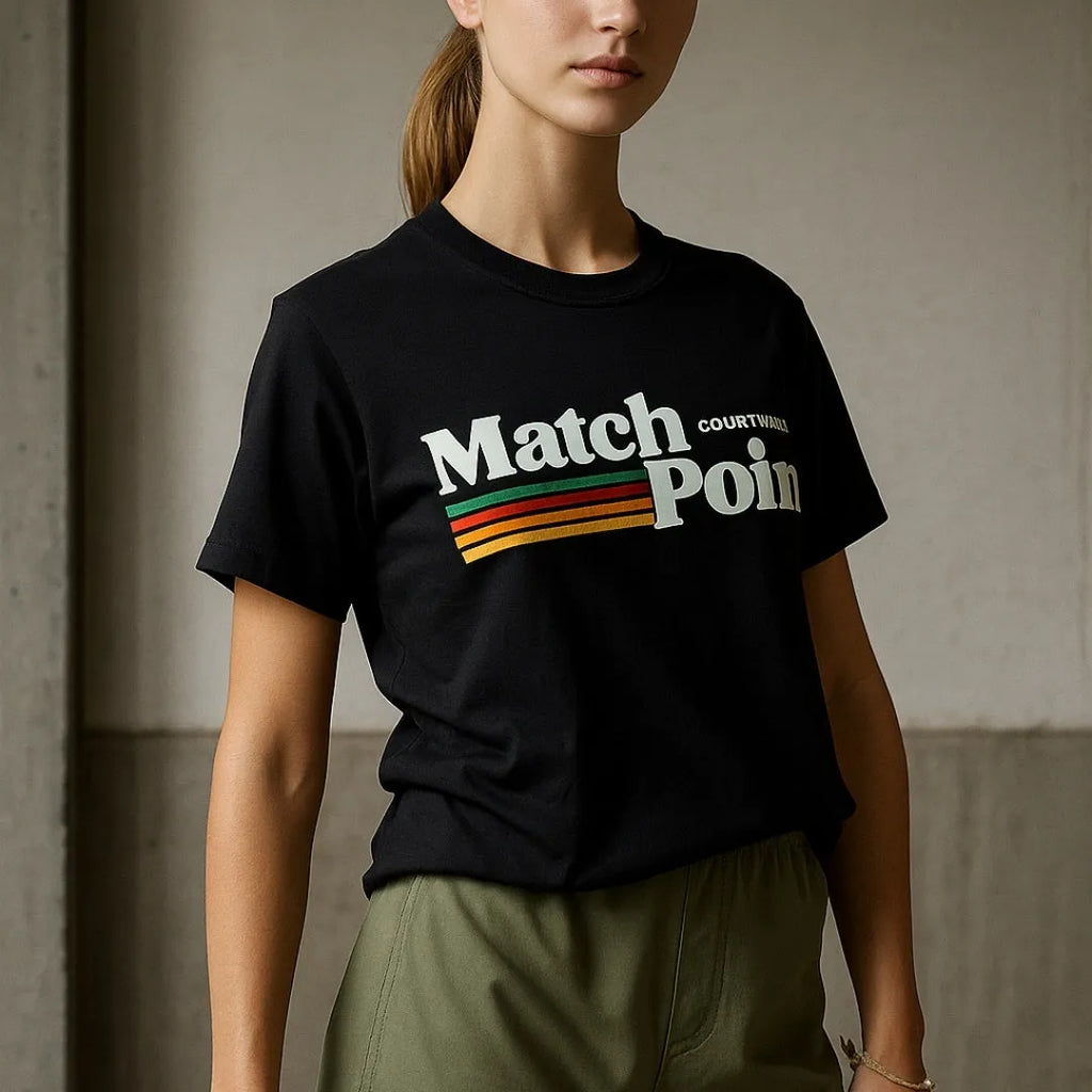 Black men's t-shirt with a 3D digital printed text pattern, round neck, and short sleeves.