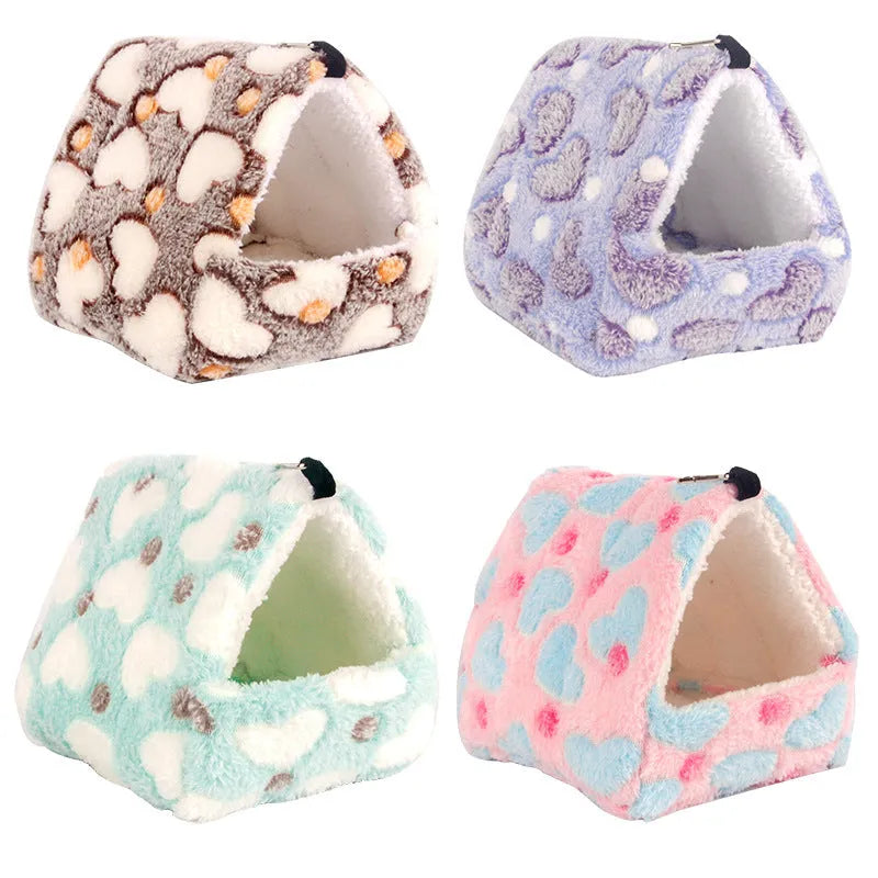 Flannel small pet sleeping bag in pink with hook for cage attachment, suitable for hamsters and hedgehogs