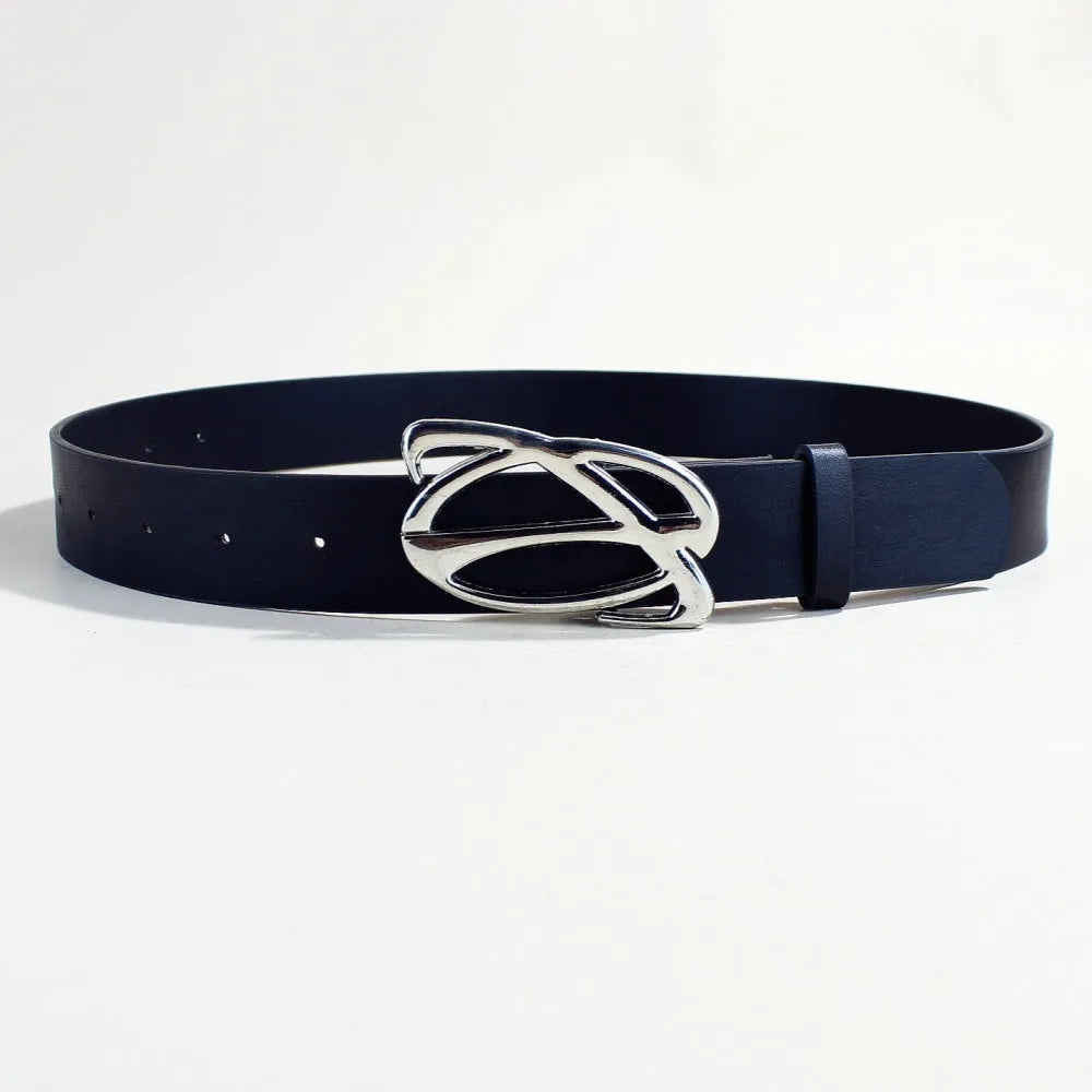 Casual silver buckle belt made from black PU leather with a snap button fastening