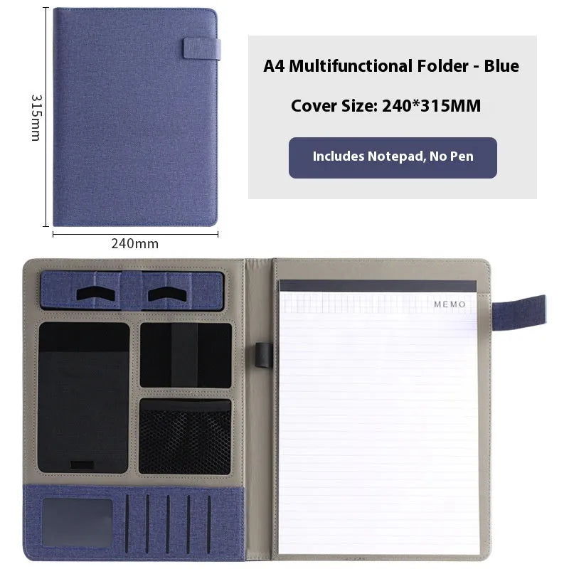 A4 leather business folder in black colour showing document storage and accessory features