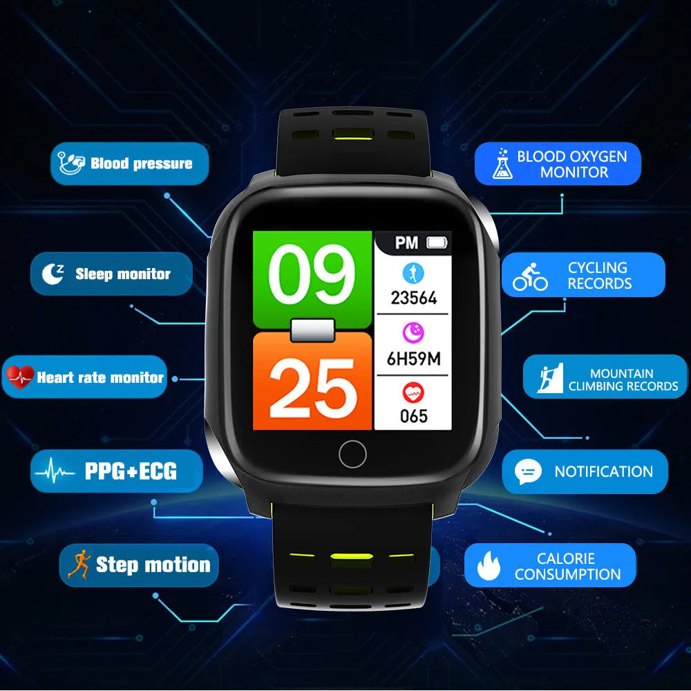 F16 Smart Watch with ECG monitoring on wrist showing black/green colour option with display visible