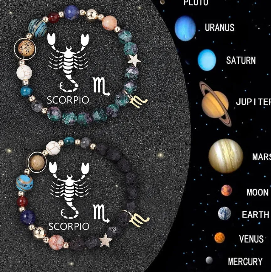Set of two natural stone beaded bracelets with zodiac charms on elasticated cord.