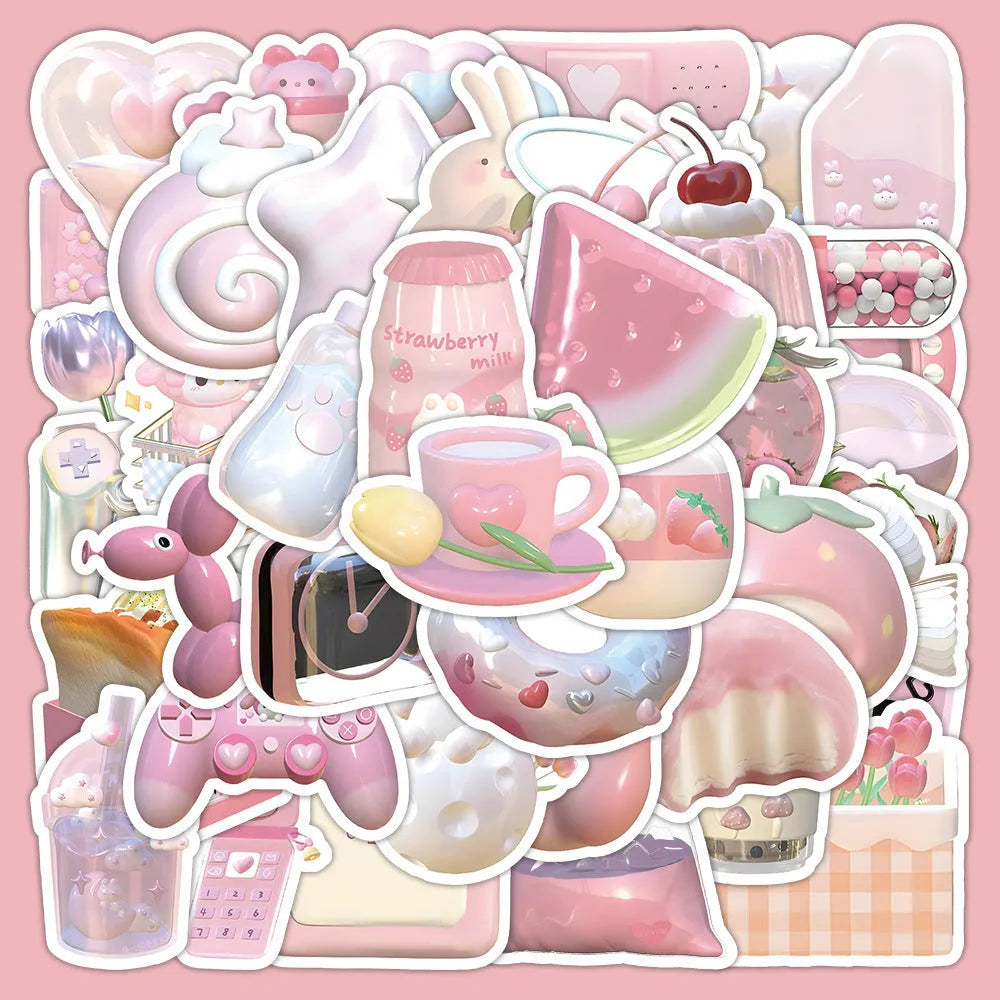 Pink girl heart 3D decorative stickers pack with 63 pieces for crafts and stationery