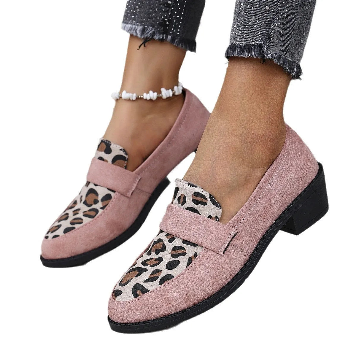 Women's leopard print slip-on pumps with pointed toe and chunky heel in brown, khaki, and pink colours