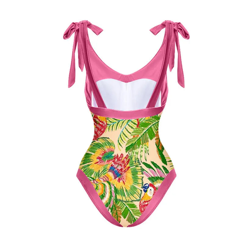 Women's pink floral print retro one-piece swimsuit with V-neck, covered belly and thin skirt