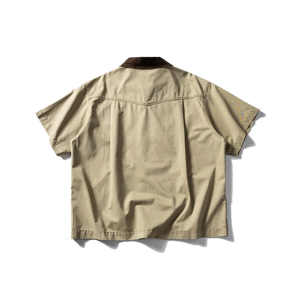 Men's washed cotton short sleeve overall shirt in loose cardigan style