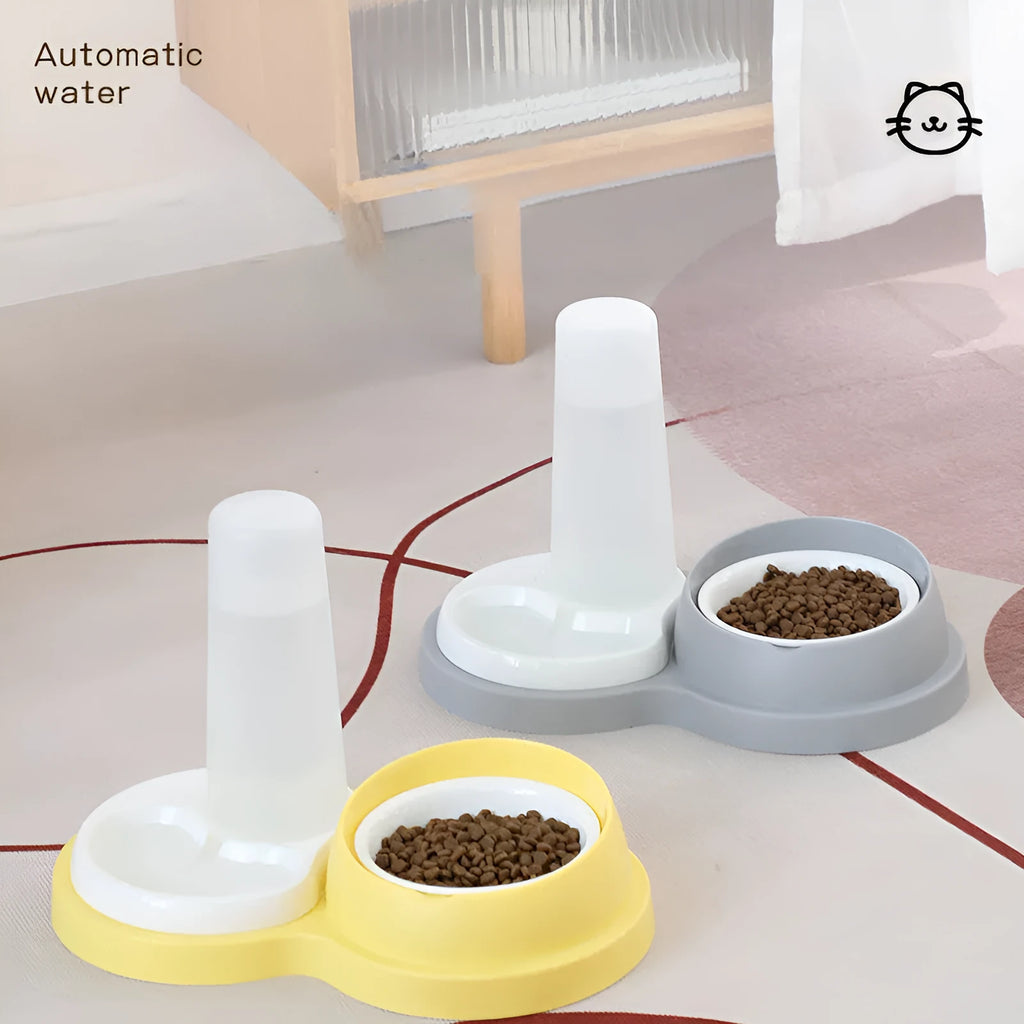 Grey and yellow dual-bowl pet feeder with stainless steel bowl for cats and dogs.