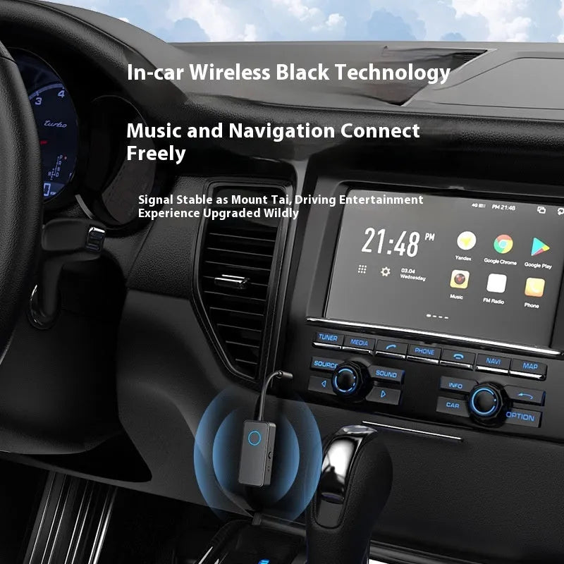 Black Bluetooth 5.4 dual-mode audio adapter with 3.5mm plug for wired to wireless conversion