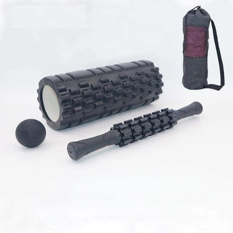 Black six-piece foam roller with gear bar massage design, 33cm length