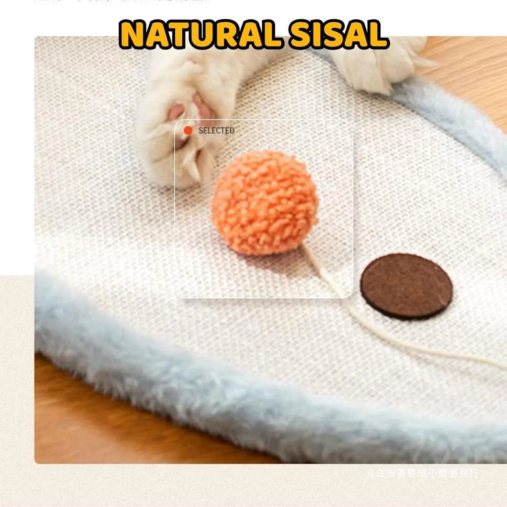 White wall-mounted cat scratching mat with natural sisal and sleeping cat cartoon design.