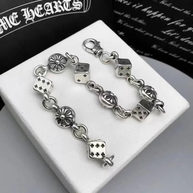 Silver titanium steel dice bracelet 20cm unisex retro electroplated chain bracelet with cross and diamond elements