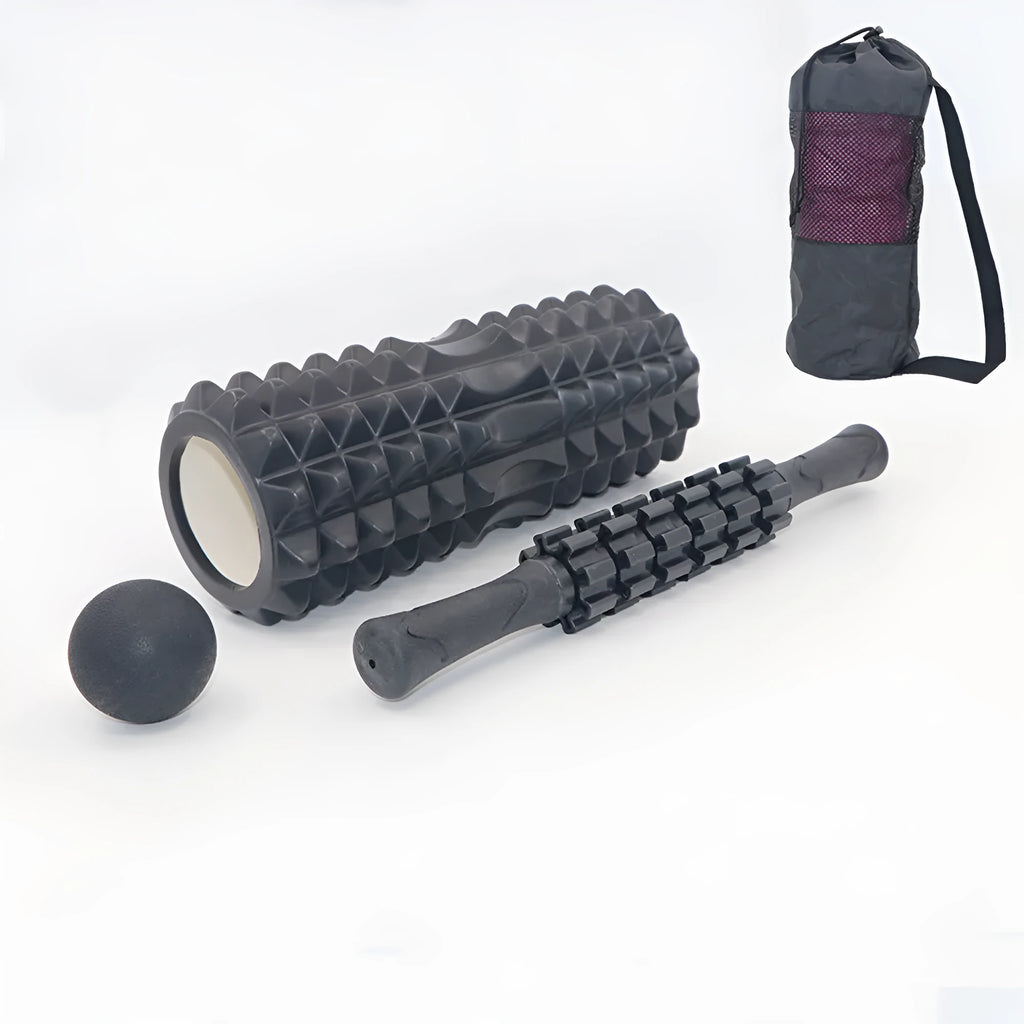 Black six-piece foam roller with gear bar massage design, 33cm length