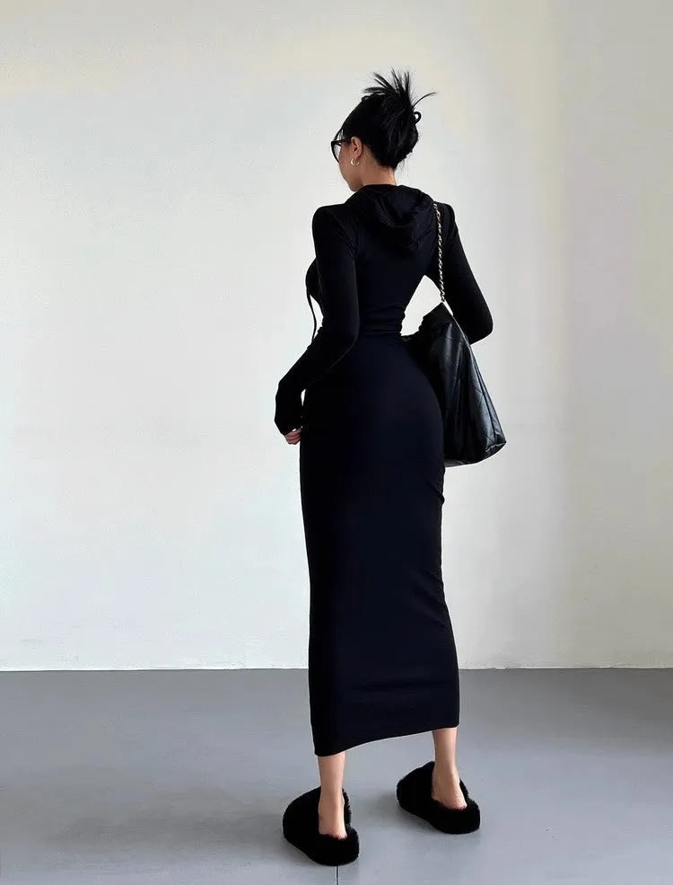 Women's long sleeve hooded sheath dress in light grey, a pullover style with a high waist.