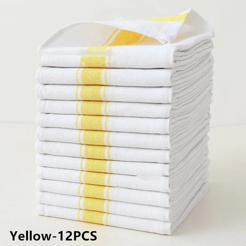 Pack of twelve striped cotton dish towels measuring 48 by 70 centimetres for kitchen use