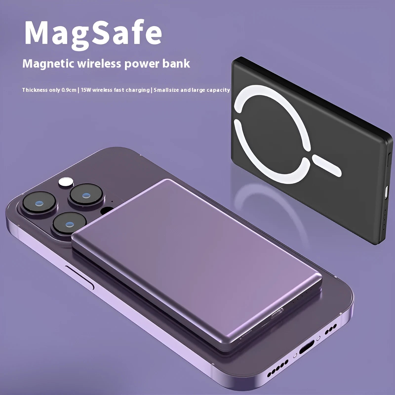 Ultra-thin magnetic power bank in black, dark grey, silver, or violet with alloy shell