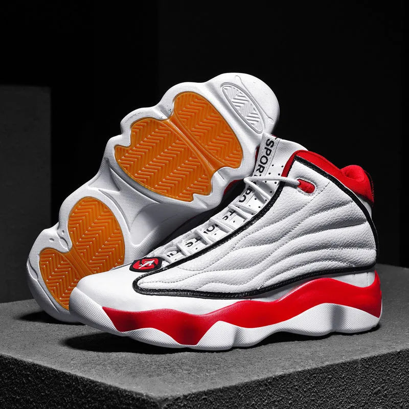 High-top running basketball shoes with mesh upper and thick rubber sole in AJ13 colour options