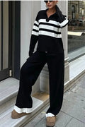 Women's black and white striped knitted polo collar two-piece set with matching trousers