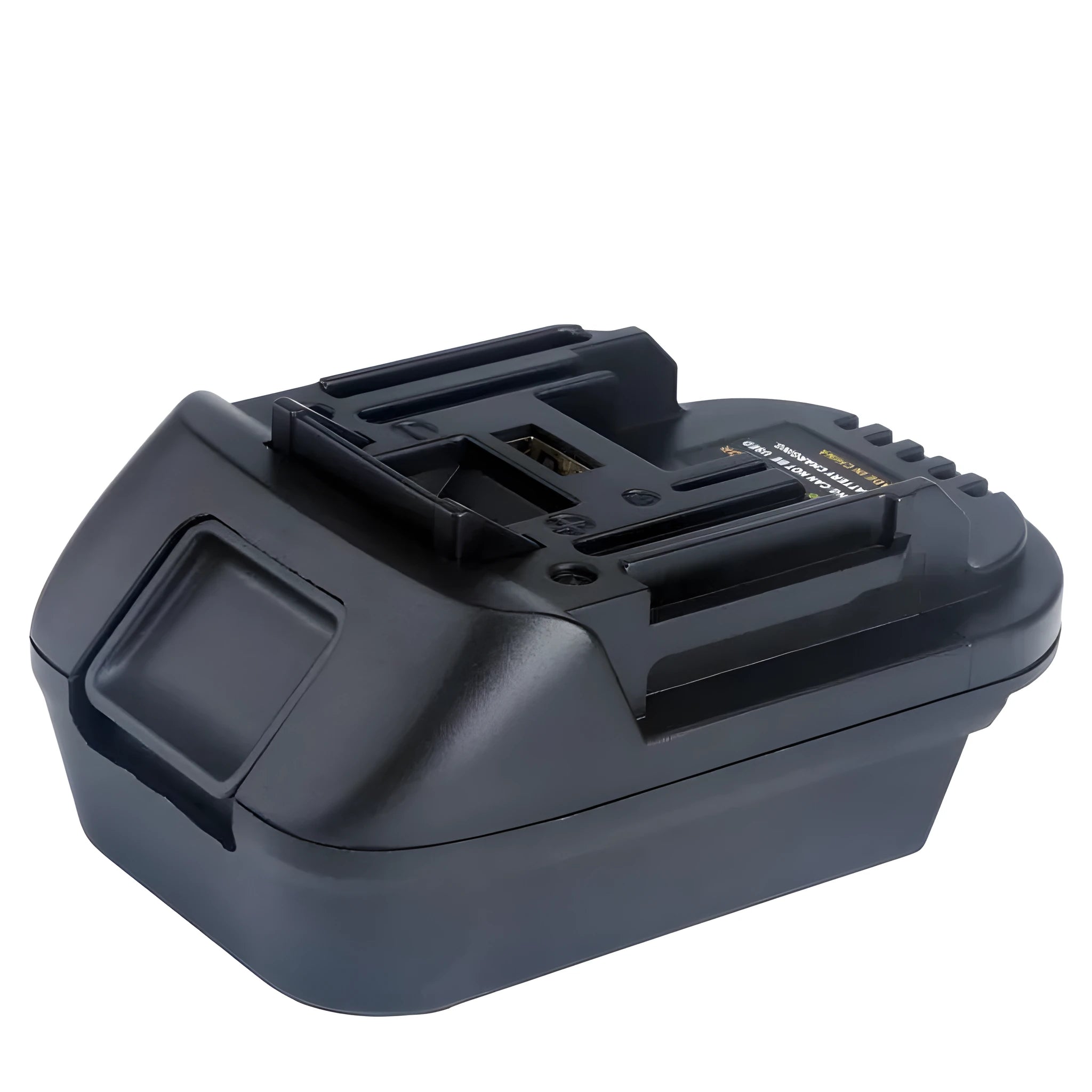 Black battery adapter converting Milwaukee DM18M tools to MAKITA H99F batteries measuring 125x90x65mm