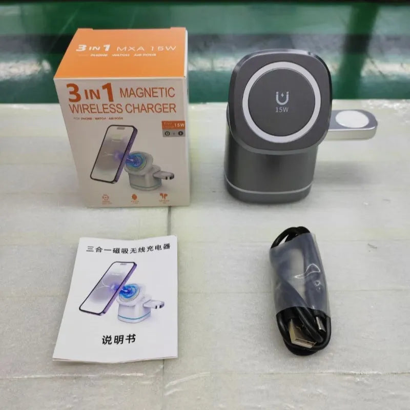 Three-in-one folding magnetic wireless fast charging charger in Iron Grey with phone, earphones and watch placed on charging pads