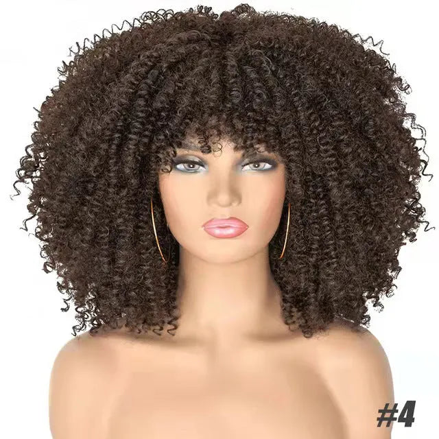African small curly hair afro wig headgear in high temperature silk with bangs, colour 1B/30