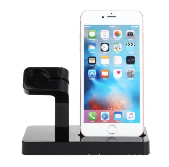 White 2-in-1 desktop charging dock holding an iPhone and an Apple Watch, showing cable cutout and non-slip base.