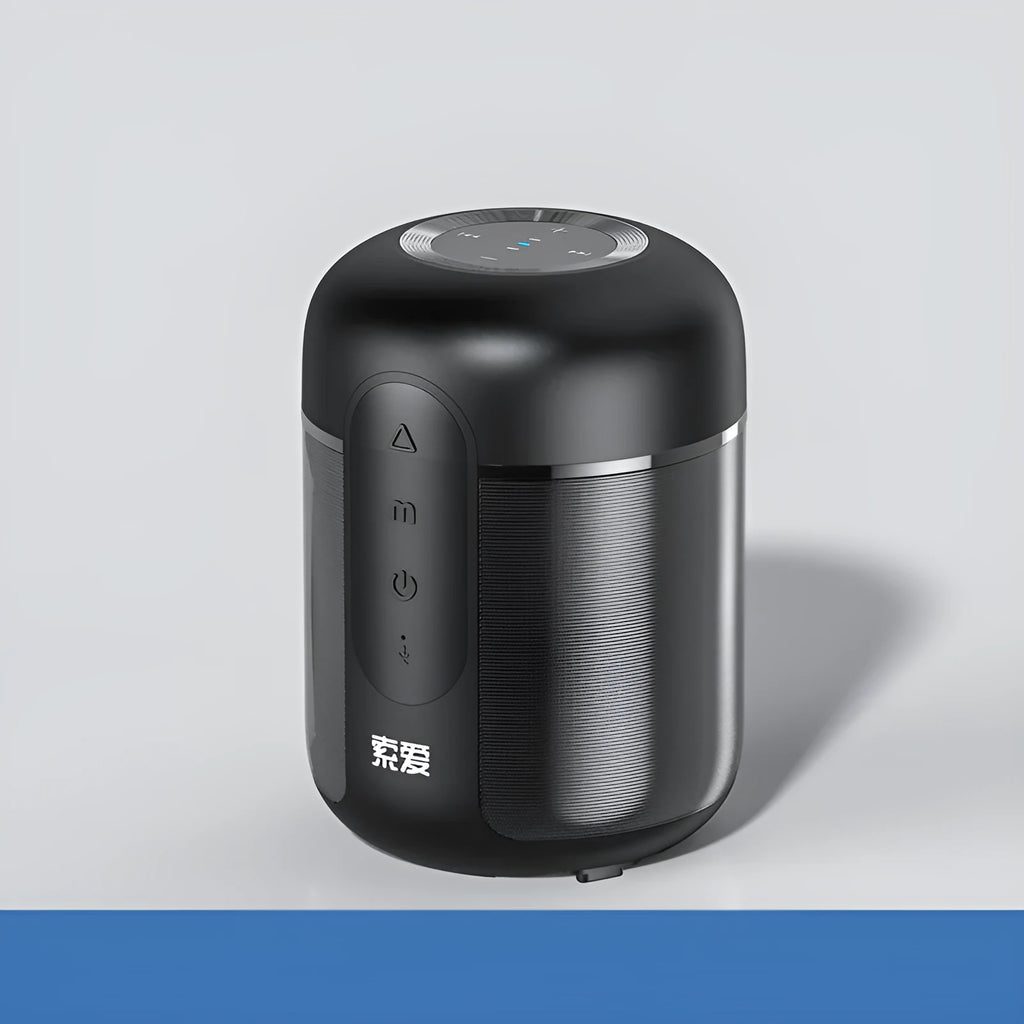 Black portable Bluetooth speaker showing front grille and control buttons