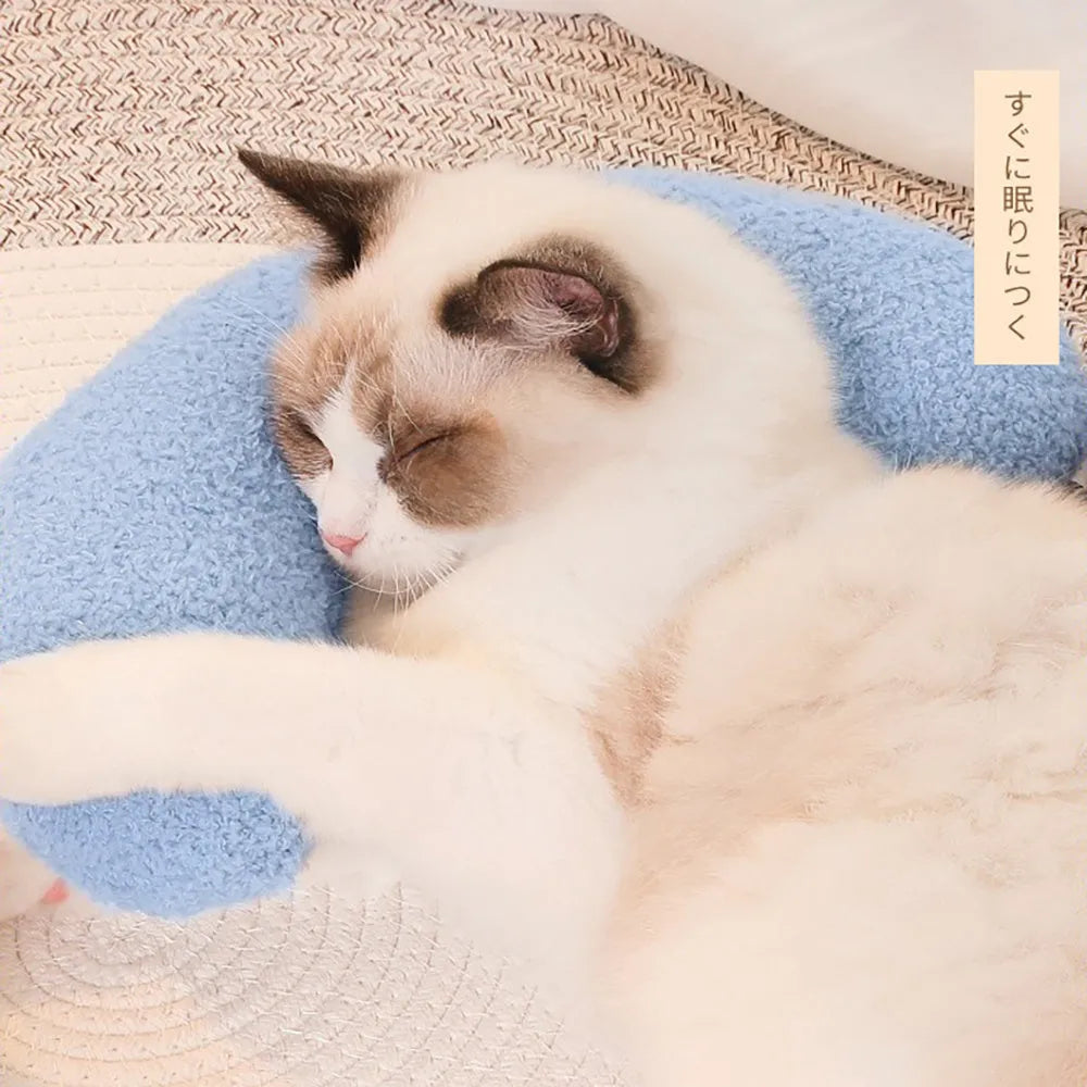U-shaped blue cat pillow with adjustable white collar for feline cervical support