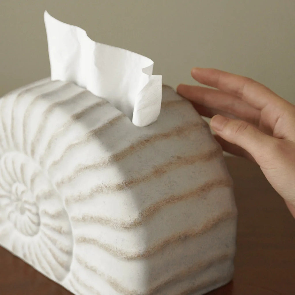Modern conch shell shaped resin tissue box cover in a conch ramble colour.