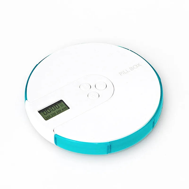 7-compartment alarm clock pill dispenser showing colourful options and compact 11 cm design