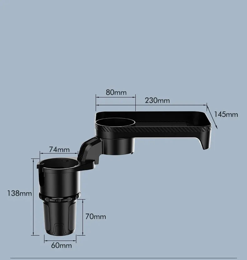 Black car dinner tray holder with 360-degree rotating mechanism mounted in vehicle cup holder
