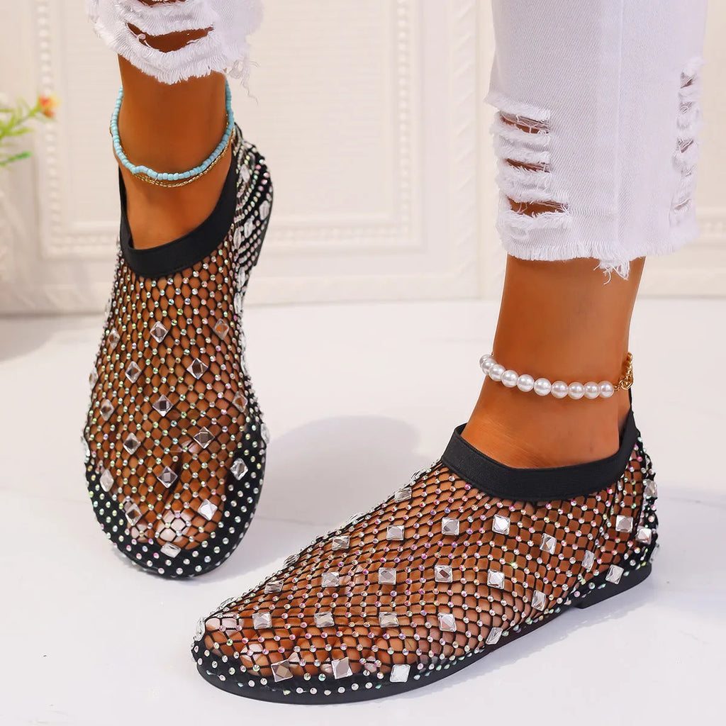 Women's colourful mesh flat sandals with rhinestone decoration and round toe design