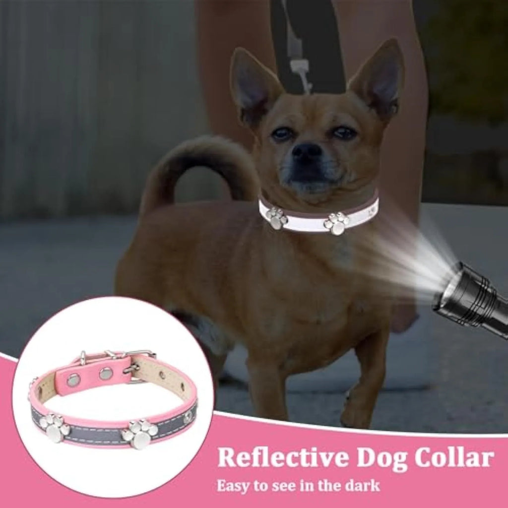 Reflective adjustable dog collar made of brown PU leather with metal paw print rivets and buckle.
