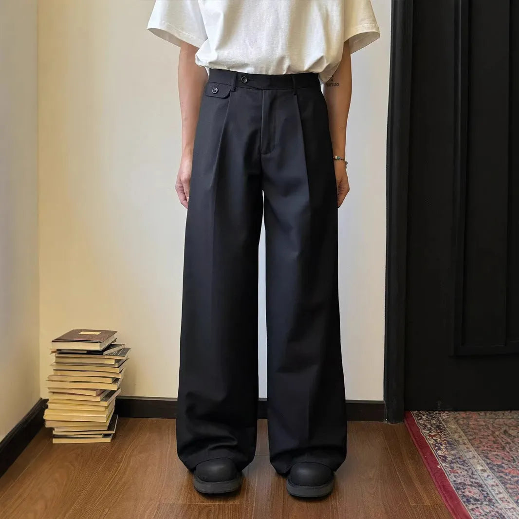Men's brown straight-leg casual trousers with loose wide-leg design on hanger