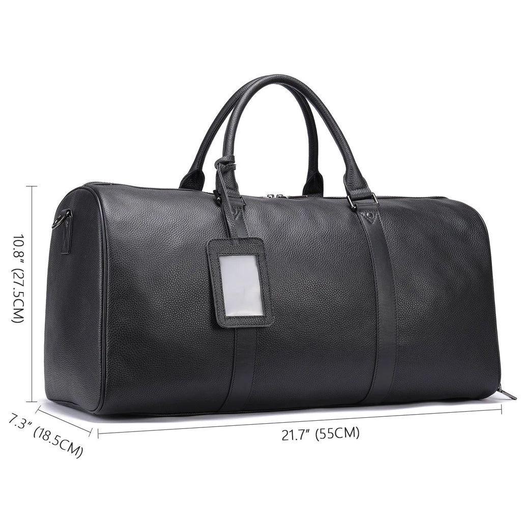 Men's black leather excursion tote bag with single shoulder strap showing substantial capacity