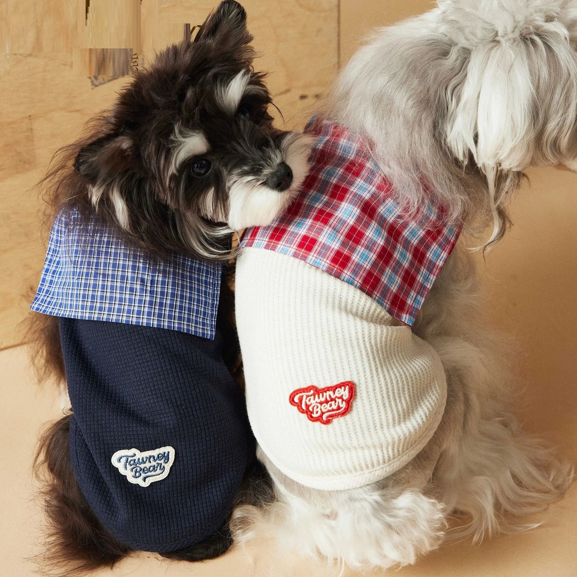 Sailor collar sleeveless dog vest in beige polyester, side view on a small breed dog