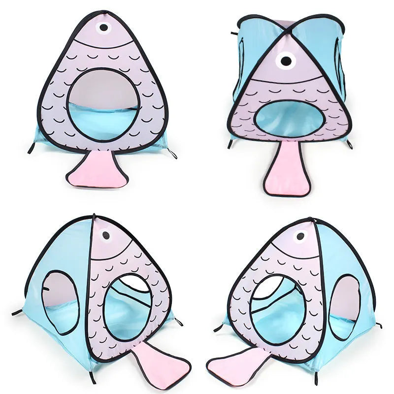 Foldable pet tent cat tunnel set with three connecting sections and tent enclosure in Cat Fish design