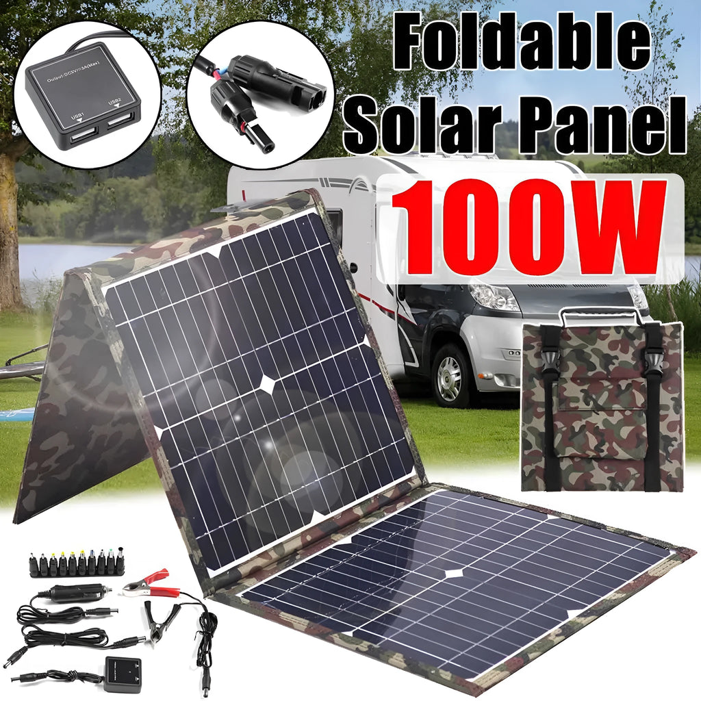 Black foldable 36W solar panel with car charger and cables for portable outdoor power