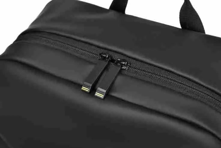Large black waterproof PU leather backpack with sewing thread detailing