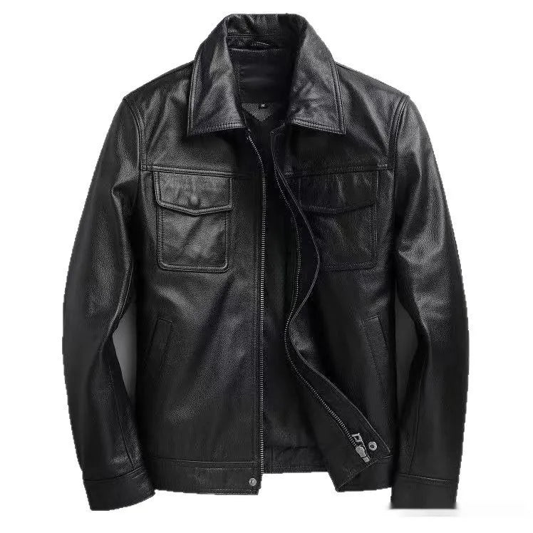 Men's retro short slim PU leather coat in black, front view