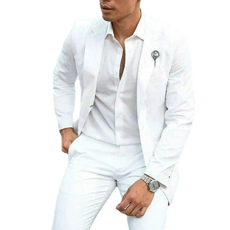 White slim-fit two-piece men's suit for weddings, shown on a hanger.