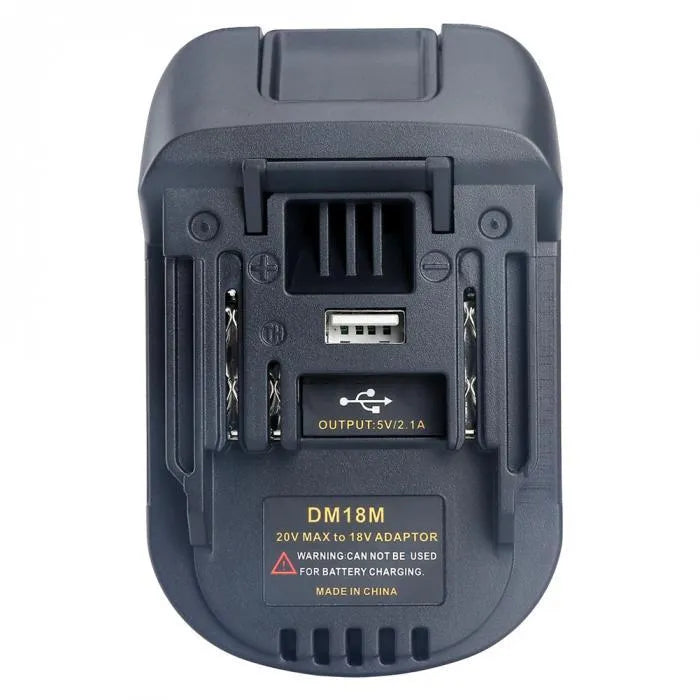 Black battery adapter converting Milwaukee DM18M tools to MAKITA H99F batteries measuring 125x90x65mm