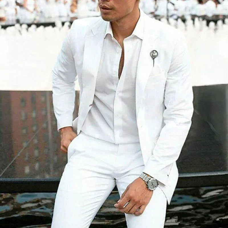 White slim-fit two-piece men's suit for weddings, shown on a hanger.
