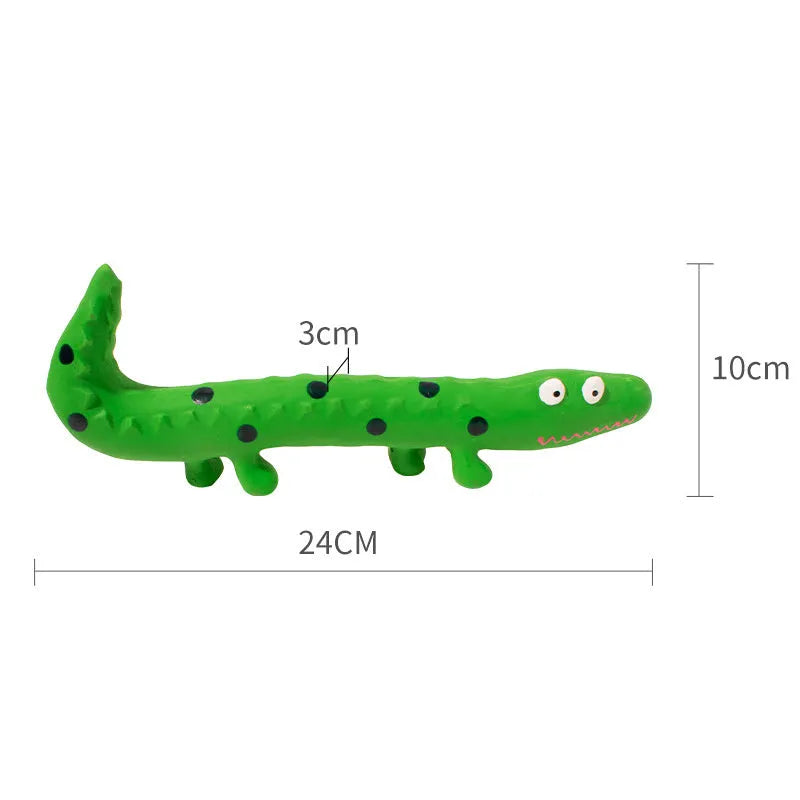 Green cartoon lizard shaped dog chew toy with squeaker on a white background.