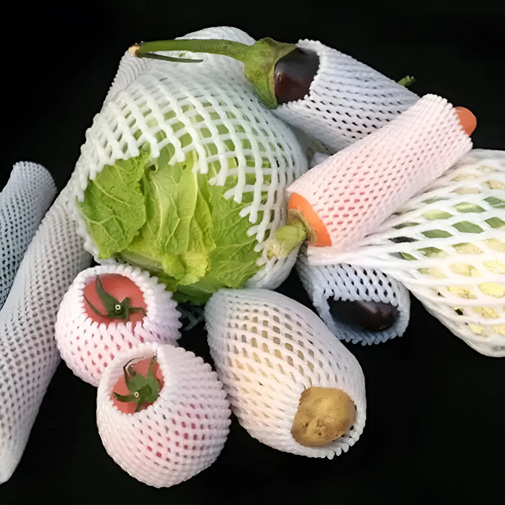 White foam net shockproof protective case for fruit, shown with sizing options.